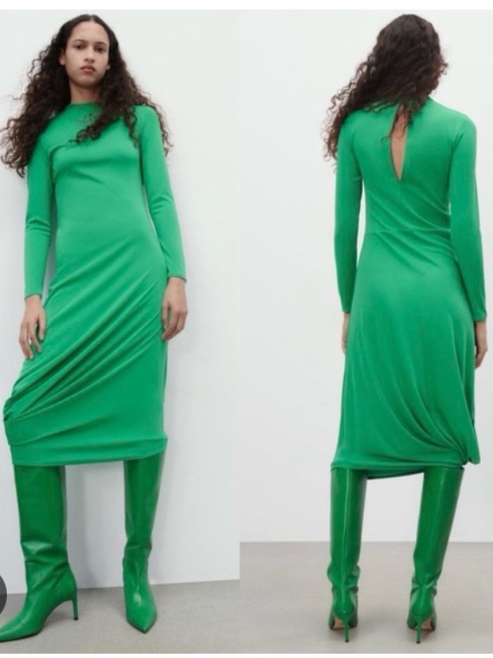 Zara Bright Green Long-Sleeve Midi Dress with Back Keyhole